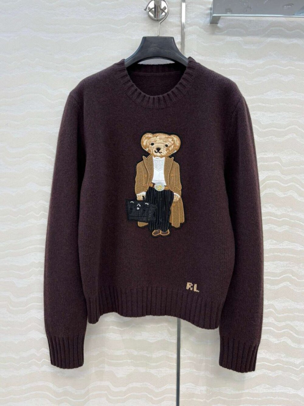 Polo Ralph Lauren Dark Brown Embroidered Dressed Bear Crewneck Knit Sweater